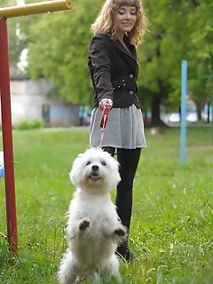 Blonde walking her dog