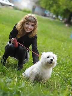 Blonde walking her dog